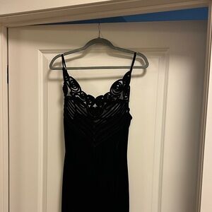 Black Velvet Slip Dress with Laser-Cut Scallop Bodice